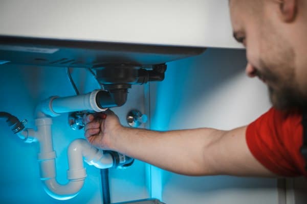 A plumber working on the pipes under a sink